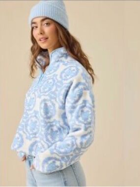 Altar'd State Blue and White Floral Fleece Half-Zip